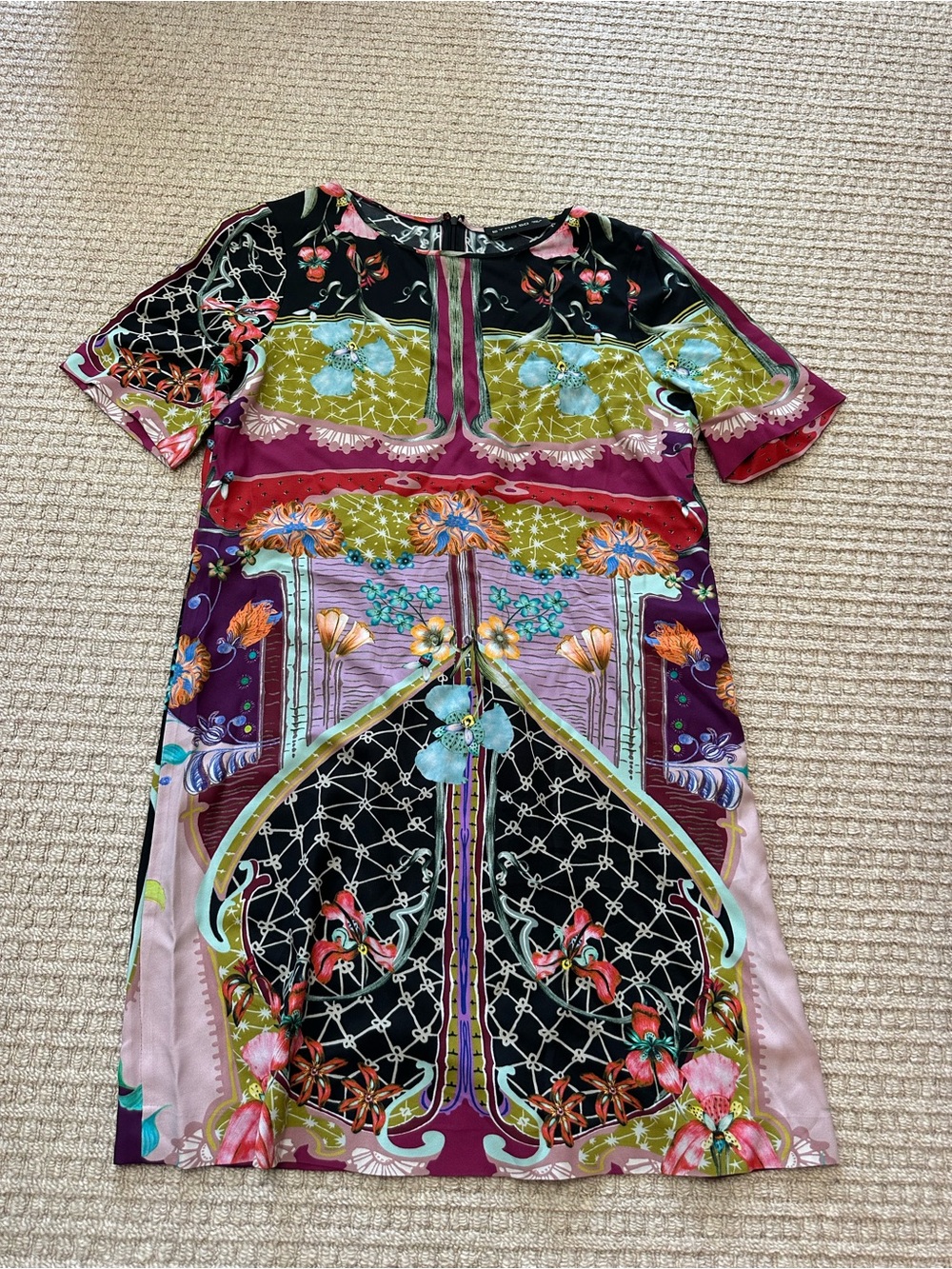 Etro Multicolor Floral Geometric Pattern Silk Short Sleeve Shift Dress Sz IT 50